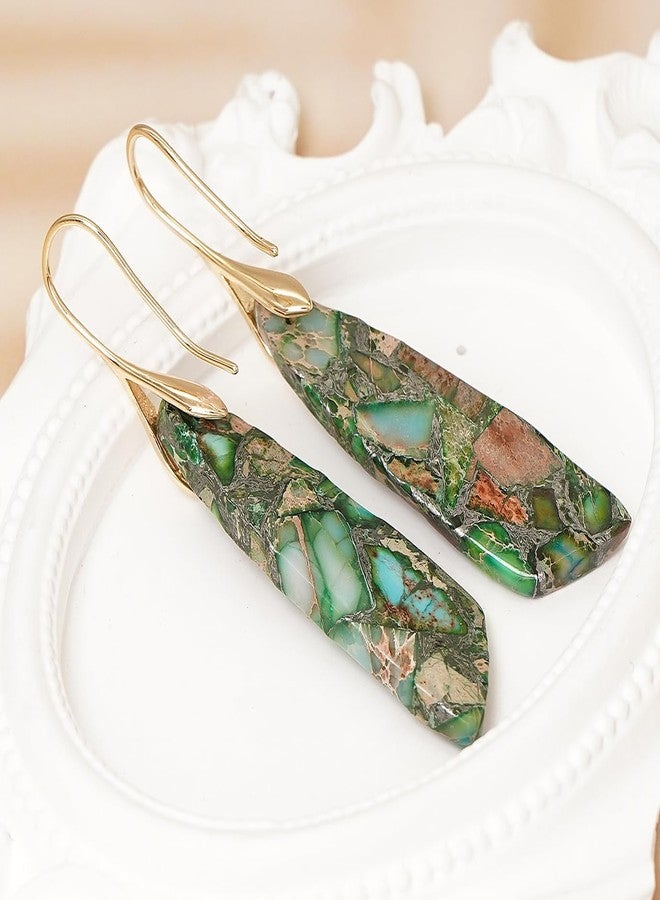 Wovanoo Natural Stone Earrings for Women Boho Triangles Dangle Drop Earrings Green Gold Hook - Image 5